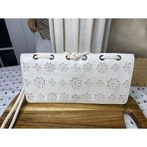 Jessica Simpson White Floral Embossed Shoulder Bag with Yellow InteriorDescripti